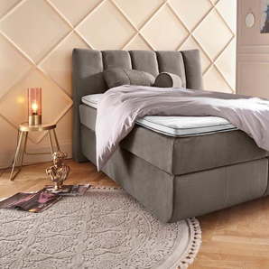 Boxspringbett LEONIQUE Océane Komplettbetten Gr. Samtvelours Polyester Topper Basic, Liegefläche B/L: 140 cm x 200 cm Betthöhe: 64 cm, H3, 7-Zonen-Taschen-Federkernmatratze, grau (taupe) Bett Boxspringbett Polsterbetten Boxspringbetten ohne Bettkasten