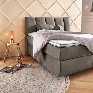 Boxspringbett LEONIQUE Océane Komplettbetten Gr. Samtvelours Polyester Topper Premium, Liegefläche B/L: 140 cm x 200 cm Betthöhe: 64 cm, H3, 7-Zonen-Taschen-Federkernmatratze, grau (taupe) Bett Boxspringbett Polsterbetten Boxspringbetten ohne Bettkasten