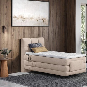 Boxspringbett mit gestepptem Kopfteil + elektrischem Untergestell mit Relaxfunktion + Matratze + Topper - 100 x 200 cm - Stoff - Beige - LODI von PALACIO