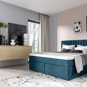 Boxspringbett Schlafzimmerbett LINNEA 200x200cm Stoff Blau inkl. Bettkasten