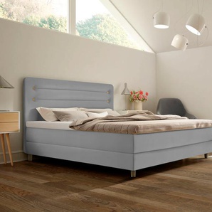 Boxspringbett SCHLARAFFIA Fidelio Komplettbetten Gr. Webstoff FUTURE, Liegefläche B/L: 140 cm x 200 cm, H2, 7-Zonen-Tonnentaschen-Federkernmatratze, grau (steel) Boxspringbetten ohne Bettkasten inkl. BULTEX Topper, Holzfuß in Eiche