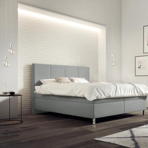 Boxspringbett SCHLARAFFIA Saga Komplettbetten Gr. Kunstleder LEATHERLOOK, Liegefläche B/L: 140 cm x 200 cm, H3, 7-Zonen-Tonnentaschen-Federkernmatratze, silberfarben (silver) Boxspringbetten ohne Bettkasten GELTEX Next Topper, Metallfuß in Chrom