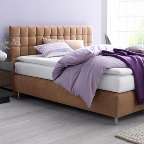 Boxspringbett, braun, B:215cm L:210cm, Microvelours (100% Polyester), Strukturstoff (77% Polyester und 23% Viskose), Bonnell-Federkern-Matratzenbezug: 100% Polyester, Kaltschaum-Matratzenbezug: Frottee 100% Polyester, WESTFALIA SCHLAFKOMFORT,