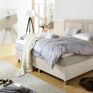 Boxspringbett, beige (sandfarben), Strukturstoff, Liegefläche B/L: 140cm x 200cm, H3, 7-Zonen-Kaltschaummatratze, Bezug Topper 100% Polyester, waschbar bis 60u00b0C, Bezug Unterbox und Kopfteil: Strukturstoff (77% Polyester und 23% Viskose), Zierkissen:
