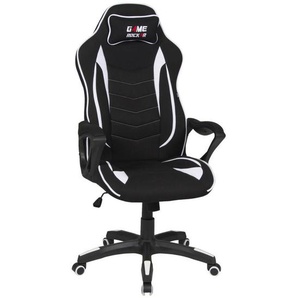 Boxxx Gamingstuhl, Schwarz, Weiß, Kunststoff, Textil, Drehkreuz, 67x121-129x67 cm, Typenauswahl, Wippmechanik mit Härtegradeinstellung, Rückenlehne in S-Form, Sitzfläche 360° drehbar, inklusive Armlehnen, Nackenkissen abnehmbar, Kinder & Jugendmöbel,