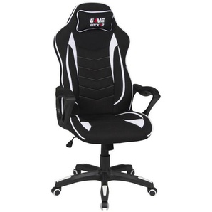 Boxxx Gamingstuhl, Schwarz, Weiß, Kunststoff, Textil, Drehkreuz, 67x121-129x67 cm, Typenauswahl, Wippmechanik mit Härtegradeinstellung, Rückenlehne in S-Form, Sitzfläche 360° drehbar, inklusive Armlehnen, Nackenkissen abnehmbar, Kinder- & Jugendzimmer,