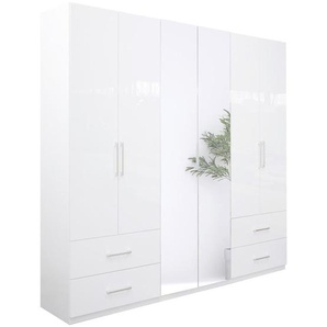 Boxxx Kleiderschrank, Weiß, Weiß Hochglanz, Holzwerkstoff, 4 Fächer, 4 Schubladen, 269x211x55 cm, Schrankfront mit Spiegel, Schlafzimmer,