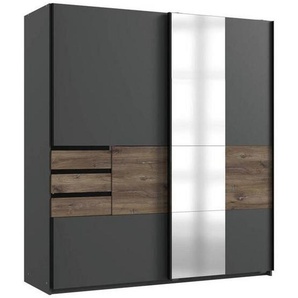 Boxxx Schwebetürenschrank, Graphit, Eiche, Metall, 5 Fächer, 3 Schubladen, 180x198x65 cm, Made in Germany, umfangreiches Zubehör erhältlich,