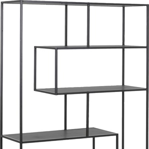 Bücherregal ACTONA GROUP, schwarz (esche schwarz, matt schwarz), B:114cm H:185cm T:35cm, Melamin, Metall, Regale, Metallgestell, modernes Design, 5 Einlegeböden, asymmetrische Details