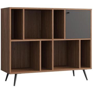 Bücherregal breit Walnuss, Grau, Mit 7 offenen Fächern und einer Türe - Regal, Standregal, Holzregal