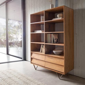 Highboard Eloi 115x40 cm Akazie Natur 4 Schubladen V-Fuß Edelstahl, Highboards