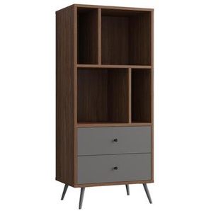 Bücherregal Walnuss, Grau, Mit 4 Fächern und 2 Schubladen - Regal, Standregal, Holzregal