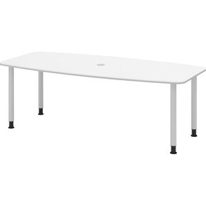 bümö Konferenztisch oval 220x103 cm großer Besprechungstisch in weiß, Besprechungstisch mit Gestell in Silber, Meetingtisch für 8 Personen, XL-Tisch für Besprechungsraum & Meeting