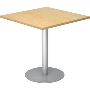 bümö Besprechungstisch, Esstisch klein, Tisch eckig 80x80 cm - kleiner Esstisch Ahorn, Rundtisch Esstisch 2 Personen mit Holz-Platte, Säule aus Metall in silber, Konferenztisch, Bistrotisch