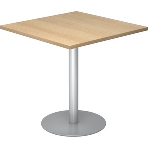 bümö Besprechungstisch, Esstisch klein, Tisch eckig 80x80 cm - kleiner Esstisch Eiche, Rundtisch Esstisch 2 Personen mit Holz-Platte, Säule aus Metall in silber, Konferenztisch, Bistrotisch