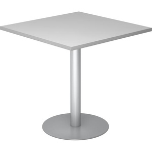 bümö Besprechungstisch, Esstisch klein, Tisch eckig 80x80 cm - kleiner Esstisch grau, Rundtisch Esstisch 2 Personen mit Holz-Platte, Säule aus Metall in silber, Konferenztisch, Bistrotisch