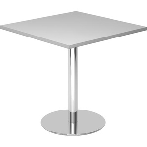 bümö Besprechungstisch, Esstisch klein, Tisch eckig 80x80 cm - kleiner Esstisch grau, Rundtisch Esstisch 2 Personen mit Holz-Platte, Säule aus Metall verchromt, Konferenztisch, Bistrotisch