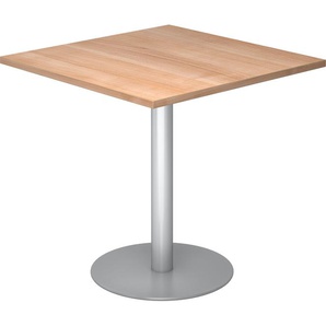 bümö Besprechungstisch, Esstisch klein, Tisch eckig 80x80 cm - kleiner Esstisch Nussbaum, Rundtisch Esstisch 2 Personen mit Holz-Platte, Säule aus Metall in silber, Konferenztisch, Bistrotisch