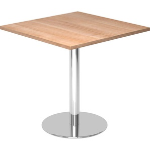 bümö Besprechungstisch, Esstisch klein, Tisch eckig 80x80 cm - kleiner Esstisch Nussbaum, Rundtisch Esstisch 2 Personen mit Holz-Platte, Säule aus Metall verchromt, Konferenztisch, Bistrotisch