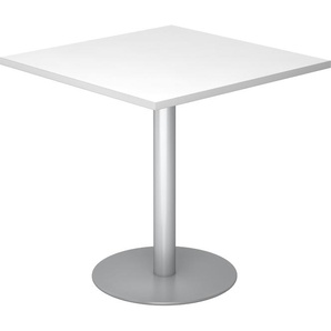 bümö Besprechungstisch, Esstisch klein, Tisch eckig 80x80 cm - kleiner Esstisch weiß, Rundtisch Esstisch 2 Personen mit Holz-Platte, Säule aus Metall in silber, Konferenztisch, Bistrotisch