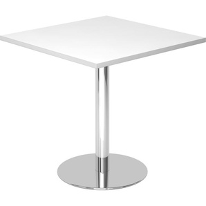 bümö Besprechungstisch, Esstisch klein, Tisch eckig 80x80 cm - kleiner Esstisch weiß, Rundtisch Esstisch 2 Personen mit Holz-Platte, Säule aus Metall verchromt, Konferenztisch, Bistrotisch