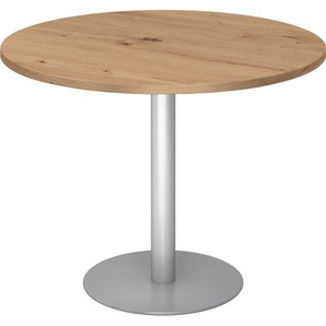 bümö Besprechungstisch, Esstisch klein, Tisch rund 100 cm - kleiner Esstisch Asteiche, Rundtisch Esstisch 2 Personen mit Holz-Platte, Säule aus Metall in silber, Konferenztisch, Bistrotisch