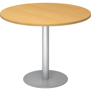 bümö Besprechungstisch, Esstisch klein, Tisch rund 100 cm - kleiner Esstisch Buche, Rundtisch Esstisch 2 Personen mit Holz-Platte, Säule aus Metall in silber, Konferenztisch, Bistrotisch