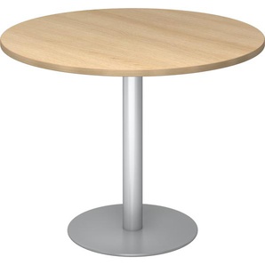 bümö Besprechungstisch, Esstisch klein, Tisch rund 100 cm - kleiner Esstisch Eiche, Rundtisch Esstisch 2 Personen mit Holz-Platte, Säule aus Metall in silber, Konferenztisch, Bistrotisch