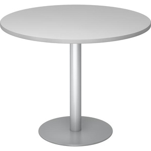 bümö Besprechungstisch, Esstisch klein, Tisch rund 100 cm - kleiner Esstisch grau, Rundtisch Esstisch 2 Personen mit Holz-Platte, Säule aus Metall in silber, Konferenztisch, Bistrotisch