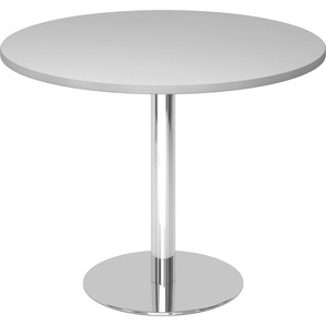 bümö Besprechungstisch, Esstisch klein, Tisch rund 100 cm - kleiner Esstisch grau, Rundtisch Esstisch 2 Personen mit Holz-Platte, Säule aus Metall verchromt, Konferenztisch, Bistrotisch