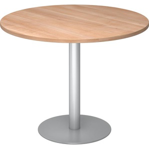 bümö Besprechungstisch, Esstisch klein, Tisch rund 100 cm - kleiner Esstisch Nussbaum, Rundtisch Esstisch 2 Personen mit Holz-Platte, Säule aus Metall in silber, Konferenztisch, Bistrotisch