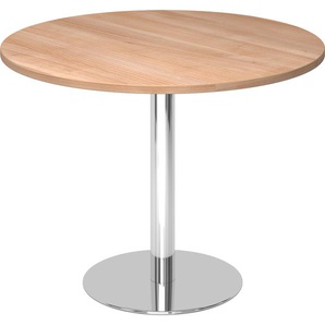 bümö Besprechungstisch, Esstisch klein, Tisch rund 100 cm - kleiner Esstisch Nussbaum, Rundtisch Esstisch 2 Personen mit Holz-Platte, Säule aus Metall verchromt, Konferenztisch, Bistrotisch