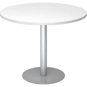 bümö Besprechungstisch, Esstisch klein, Tisch rund 100 cm - kleiner Esstisch weiß, Rundtisch Esstisch 2 Personen mit Holz-Platte, Säule aus Metall in silber, Konferenztisch, Bistrotisch
