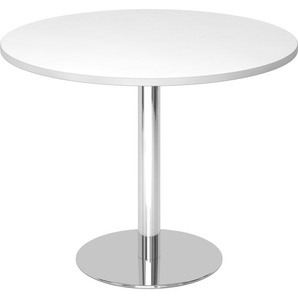 bümö Besprechungstisch, Esstisch klein, Tisch rund 100 cm - kleiner Esstisch weiß, Rundtisch Esstisch 2 Personen mit Holz-Platte, Säule aus Metall verchromt, Konferenztisch, Bistrotisch