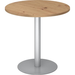 bümö Besprechungstisch, Esstisch klein, Tisch rund 80 cm - kleiner Esstisch Asteiche, Rundtisch Esstisch 2 Personen mit Holz-Platte, Säule aus Metall in silber, Konferenztisch, Bistrotisch