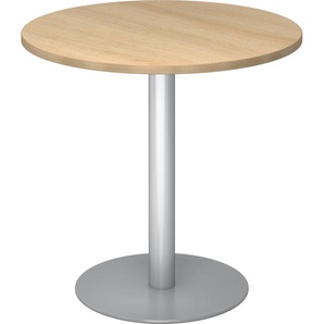 bümö Besprechungstisch, Esstisch klein, Tisch rund 80 cm - kleiner Esstisch Eiche, Rundtisch Esstisch 2 Personen mit Holz-Platte, Säule aus Metall in silber, Konferenztisch, Bistrotisch
