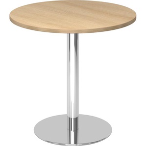 bümö Besprechungstisch, Esstisch klein, Tisch rund 80 cm - kleiner Esstisch Eiche, Rundtisch Esstisch 2 Personen mit Holz-Platte, Säule aus Metall verchromt, Konferenztisch, Bistrotisch