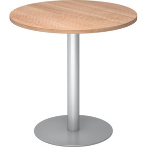 bümö Besprechungstisch, Esstisch klein, Tisch rund 80 cm - kleiner Esstisch Nussbaum, Rundtisch Esstisch 2 Personen mit Holz-Platte, Säule aus Metall in silber, Konferenztisch, Bistrotisch