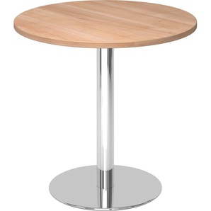 bümö Besprechungstisch, Esstisch klein, Tisch rund 80 cm - kleiner Esstisch Nussbaum, Rundtisch Esstisch 2 Personen mit Holz-Platte, Säule aus Metall verchromt, Konferenztisch, Bistrotisch