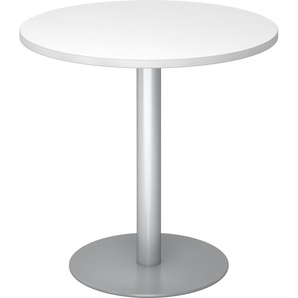bümö Besprechungstisch, Esstisch klein, Tisch rund 80 cm - kleiner Esstisch weiß, Rundtisch Esstisch 2 Personen mit Holz-Platte, Säule aus Metall in silber, Konferenztisch, Bistrotisch