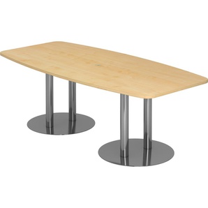 bümö Konferenztisch oval 220x103 cm großer Besprechungstisch in Ahorn, Besprechungstisch mit Chromsäulen, Meetingtisch für 8 Personen, XXL-Tisch für Besprechungsraum & Meeting