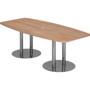 bümö Konferenztisch oval 220x103 cm großer Besprechungstisch in Nuss, Besprechungstisch mit Chromsäulen, Meetingtisch für 8 Personen, XXL-Tisch für Besprechungsraum & Meeting
