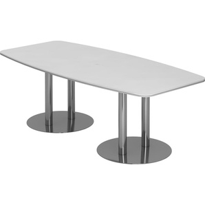 bümö Konferenztisch oval 220x103 cm großer Besprechungstisch in weiss, Besprechungstisch mit Chromsäulen, Meetingtisch für 8 Personen, XXL-Tisch für Besprechungsraum & Meeting
