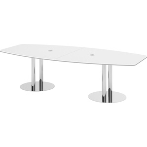 bümö Konferenztisch oval 280x130 cm großer Besprechungstisch in weiss, Besprechungstisch mit Chromsäulen, Meetingtisch für 10 Personen, XXL-Tisch für Besprechungsraum & Meeting