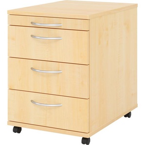 bümö basic Rollcontainer mit Schubladen, Container aus Holz in Ahorn - Rollwagen fürs Büro als Schreibtisch Unterschrank, Bürocontainer od. Schreibtischcontainer mit Bogengriffe