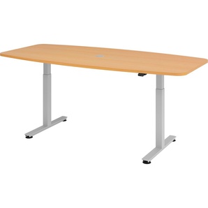 bümö elektrisch höhenverstellbarer Konferenztisch Buche 220x103 cm -  Besprechungstisch rund-oval, grosser elektrischer Meeting-Tisch höhenverstellbar für Konferenz & Besprechungsraum