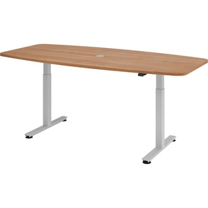 bümö elektrisch höhenverstellbarer Konferenztisch Nussbaum 220x103 cm -  Besprechungstisch rund-oval, grosser elektrischer Meeting-Tisch höhenverstellbar für Konferenz & Besprechungsraum