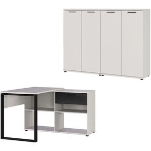 Büro-Set GERMANIA Fenton Arbeitsmöbel-Sets Gr. H/T: 120 cm x 117 cm, beige (kaschmir, schwarz) Büromöbel-Sets inkl. Schreibtisch mit integriertem Sideboard und zwei Aktenschränken