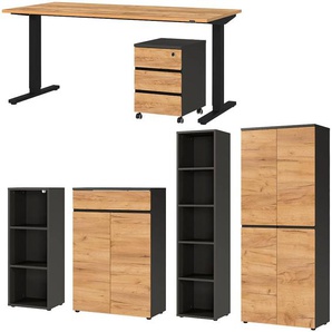 Büro-Set GERMANIA Lissabon Arbeitsmöbel-Sets Gr. B/H/T: 410 cm x 197 cm x 80 cm, braun (graphit, navarra, eiche, nachbildung) Büromöbel-Sets