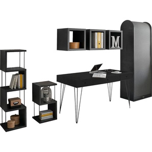 Büro-Set MÄUSBACHER Big System Office Arbeitsmöbel-Sets schwarz (schwarzstahl, flamed wood black) Büromöbel-Sets